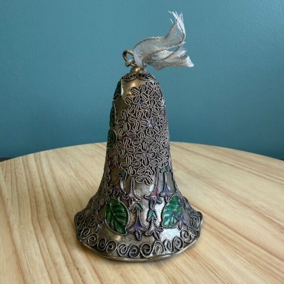 Vintage Enamel Cloisonne Bell With Floral Leaf Design Silver Ribbon Decorative S - Picture 2 of 10